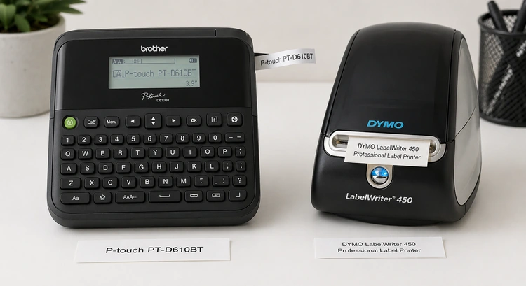 Brother P-Touch and Dymo LabelWriter label makers side by side on a desk