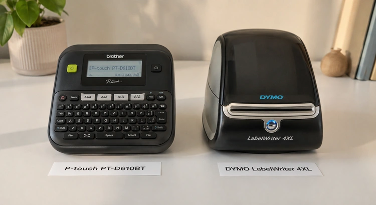 Brother P-Touch and Dymo LabelWriter label printers side by side on a home office desk