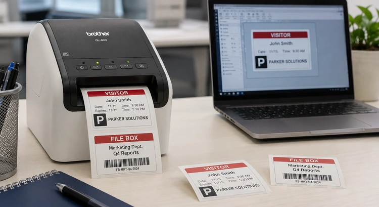 Brother QL-800 label printer on an office desk printing a shipping label for review