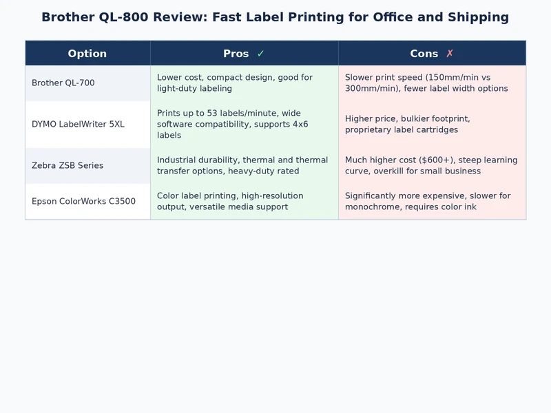 Comparison table showing Brother QL-800 specifications versus Dymo LabelWriter and Rollo printers