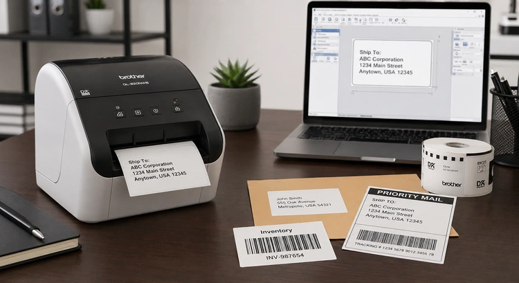 Brother QL-820NWB label printer on a desk showing WiFi and Bluetooth connectivity icons