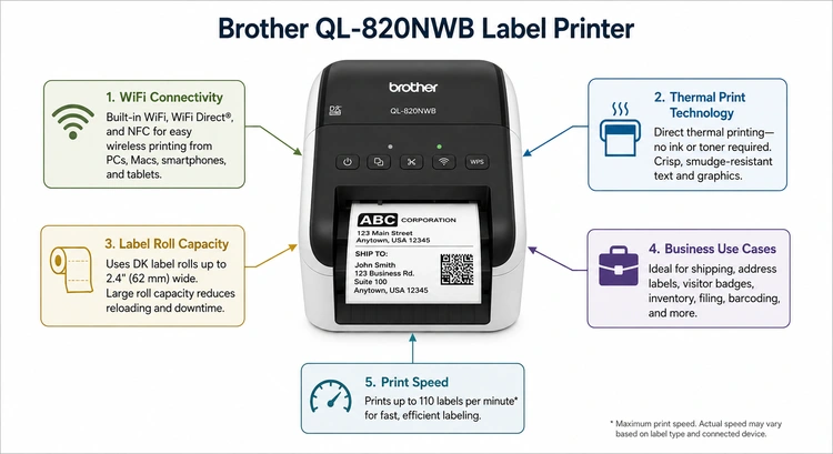 Infographic showing Brother QL-820NWB connectivity options including WiFi, Bluetooth, and USB with setup steps