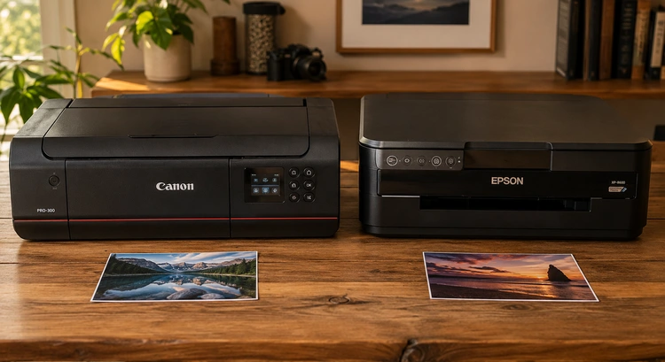 Canon vs Epson photo printer side by side comparison on a photographer desk