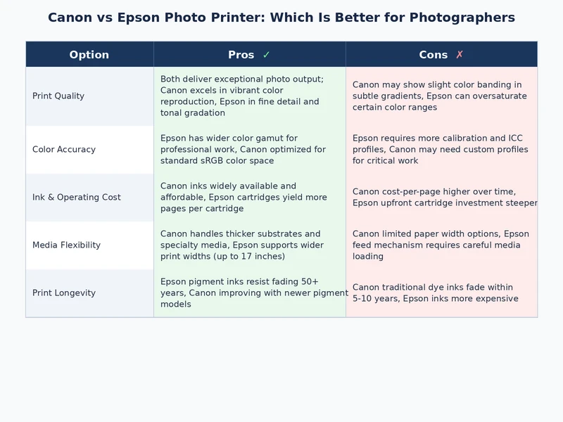 Detailed comparison table of Canon and Epson photo printer specifications for photographers