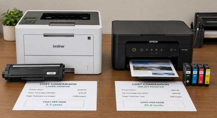 Cost per page laser vs inkjet business comparison showing toner cartridge and ink tank side by side