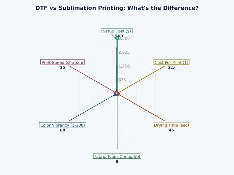 Comparison chart showing DTF and sublimation printing across key metrics like color gamut, durability, and substrate range