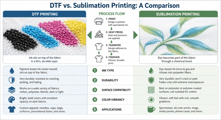 Infographic summarizing DTF vs sublimation printing decision factors including substrate, cost, and durability