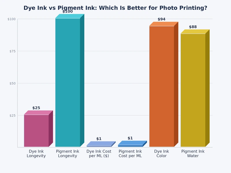 Chart comparing dye ink and pigment ink across five performance categories
