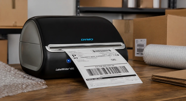 Dymo LabelWriter 4XL review showing the printer with a 4x6 shipping label