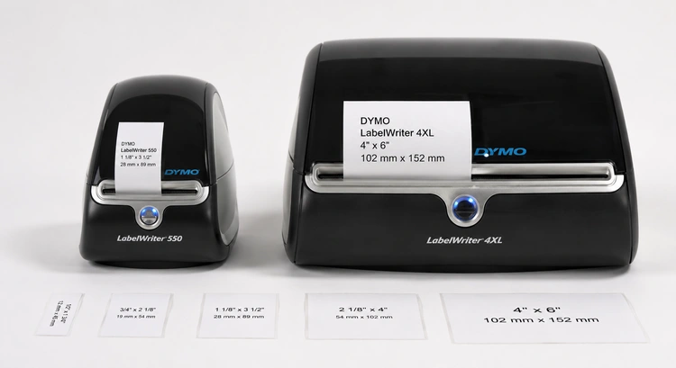 Dymo LabelWriter 550 vs Dymo 4XL side by side comparison on a desk