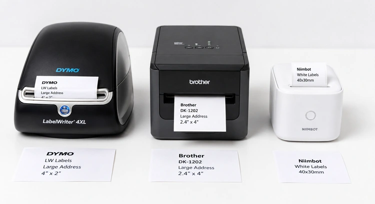 Dymo vs Brother vs Niimbot label printer models side by side on a desk