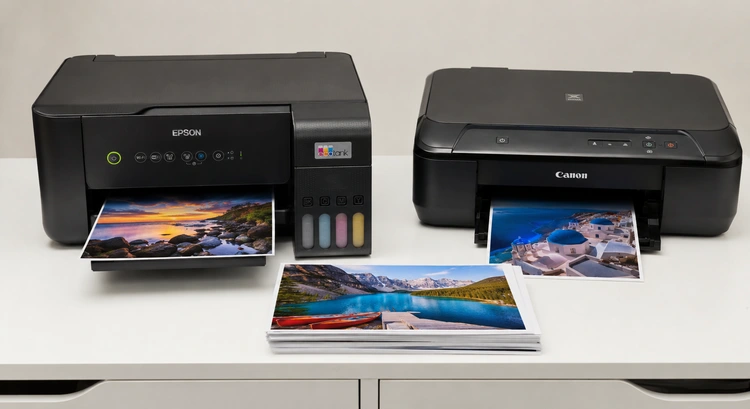 Epson EcoTank vs Canon PIXMA photo printer side by side on a desk with sample photo prints