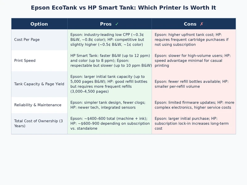 Comparison chart showing Epson EcoTank and HP Smart Tank specifications and features side by side
