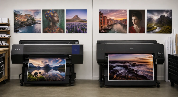 Epson SureColor vs Canon imagePROGRAF printers side by side in a professional print studio