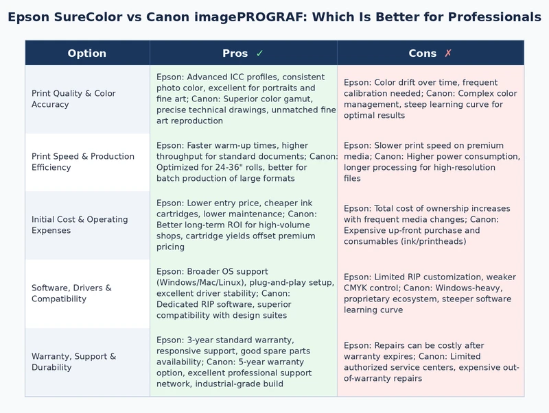 Comparison table of Epson SureColor and Canon imagePROGRAF cost breakdown