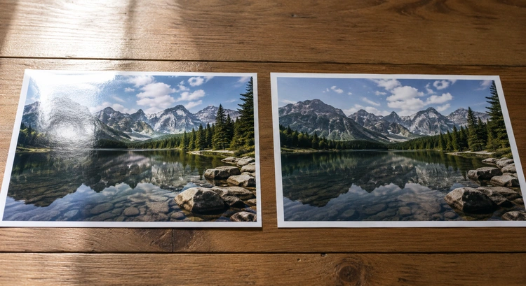 Glossy vs matte photo paper side-by-side comparison showing finish differences