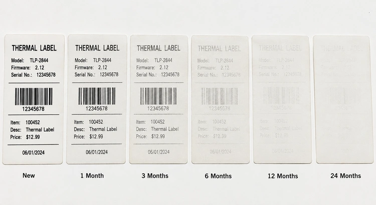 Thermal labels on packages showing how long thermal labels last before fading