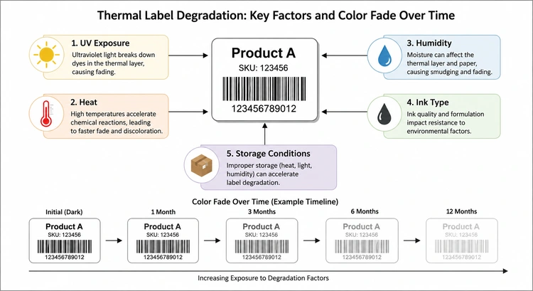 Infographic showing thermal label fading timeline and prevention tips