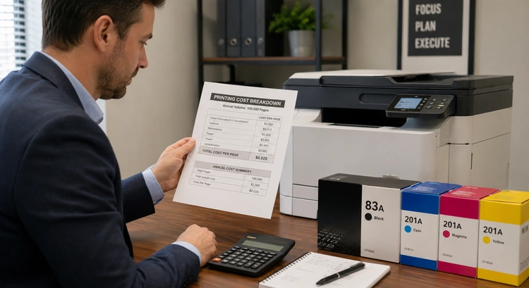 Printer cost per page calculation worksheet with ink cartridges and printed documents on a desk