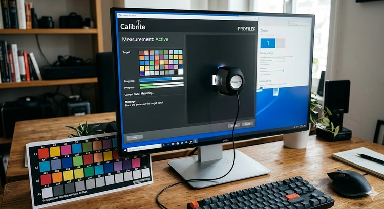 Printer color calibration setup showing a colorimeter on a monitor next to test prints demonstrating how to calibrate printer colors