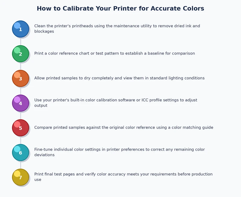 Step-by-step color calibration process diagram showing monitor calibration through ICC profiling to final print verification