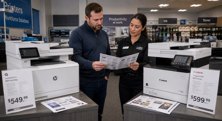 Business printer setup in a modern office showing how to choose a business printer