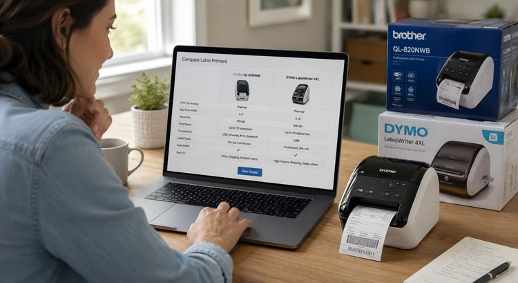 How to choose a label printer buying guide overview showing different label printer types on a desk