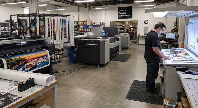 Print shop floor showing multiple printer types illustrating how to choose a printer for a print shop