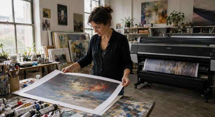 Art studio workspace showing how to choose a printer for art studio use with sample prints and media