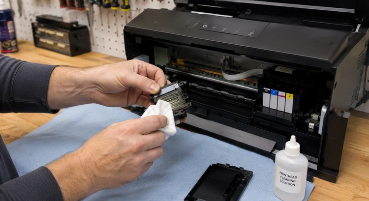 How to clean printer heads using a lint-free cloth and cleaning solution on a removed inkjet printhead