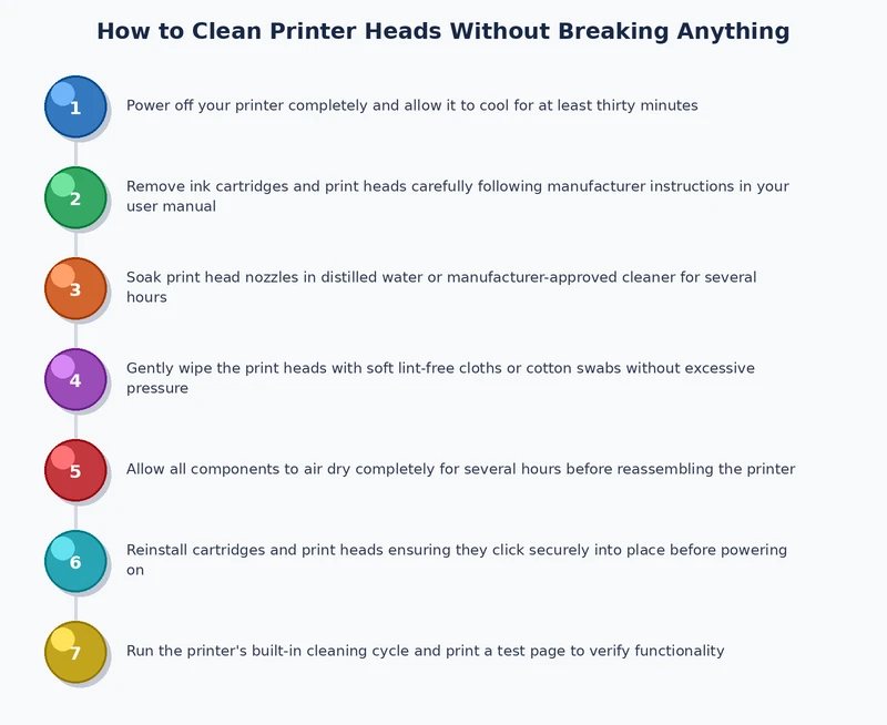 Step-by-step process diagram showing printer head cleaning from nozzle check to reassembly