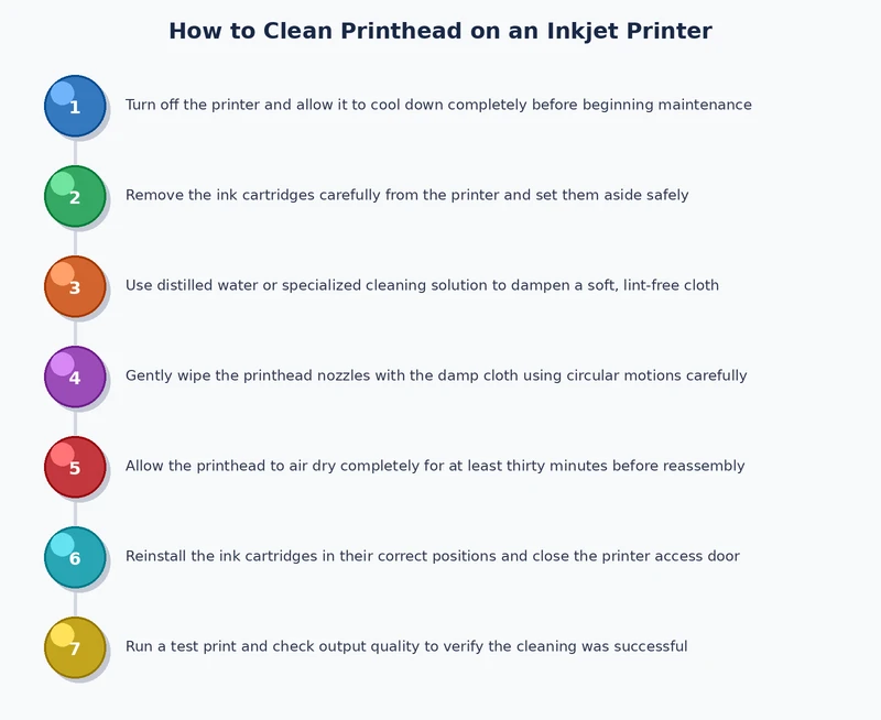 Step-by-step printhead cleaning process diagram from software cycle through manual soak to advanced flushing