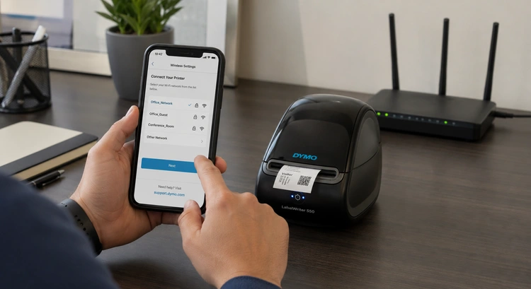 Dymo label printer connected to WiFi showing network status indicator