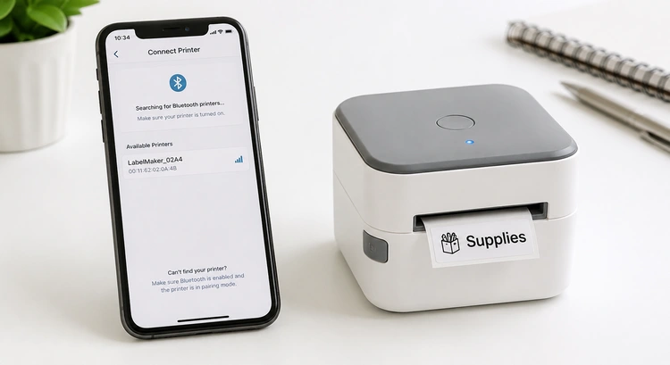 Connecting a Bluetooth label printer to a smartphone showing the pairing screen