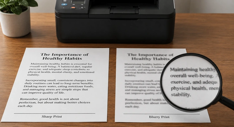 Side-by-side comparison showing why prints are blurry versus a sharp corrected print