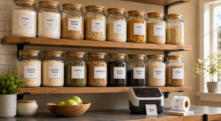 Custom labels applied to glass pantry jars showing how to make custom labels for jars