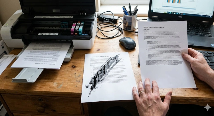 Printed document showing ink smearing caused by touching paper too soon after printing