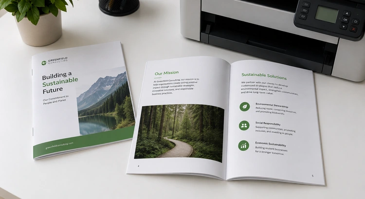 Printed booklet open on a desk showing how to print a booklet with saddle-staple binding