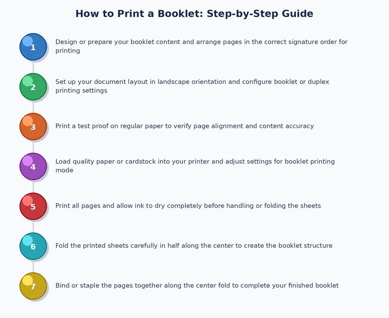 Step-by-step process diagram showing how to print a booklet from layout to binding
