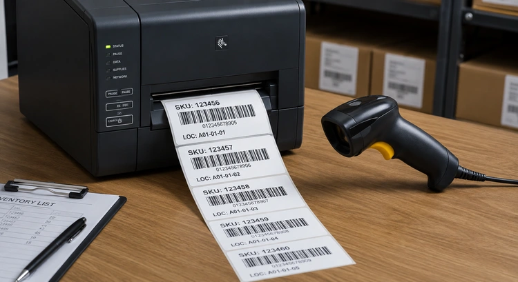 Label printer producing barcode labels showing how to print barcodes on a label printer