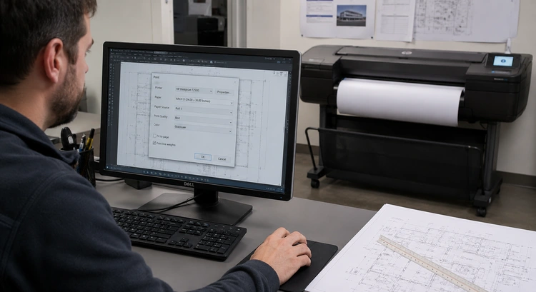Wide-format printer outputting a blueprint showing how to print blueprints at home