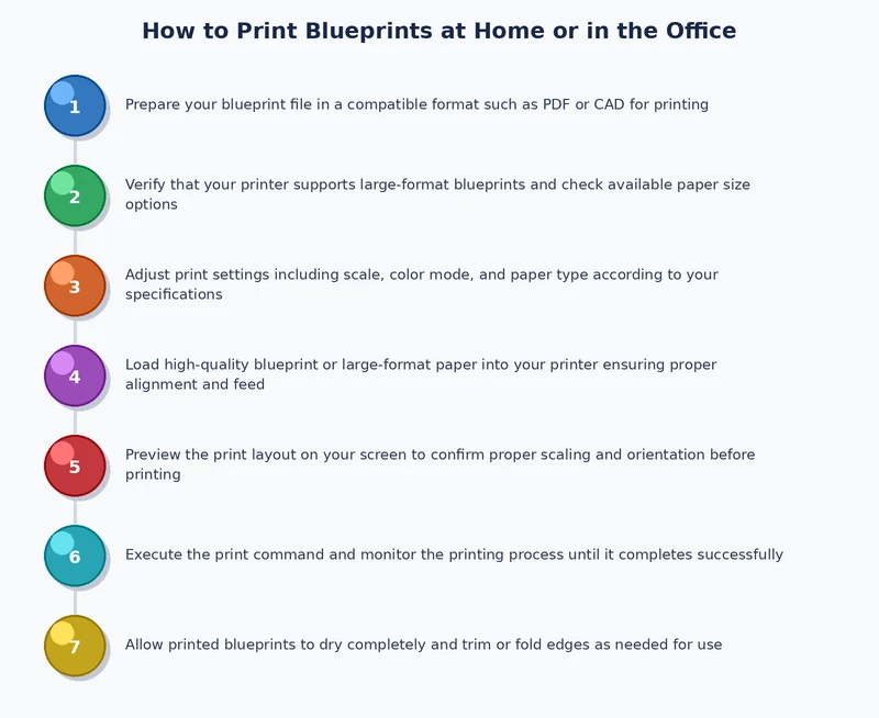 Step-by-step process diagram for printing blueprints from PDF to finished output