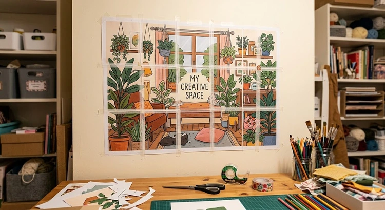 Home desk setup showing how to print large posters at home using a standard inkjet printer and tiled sheets