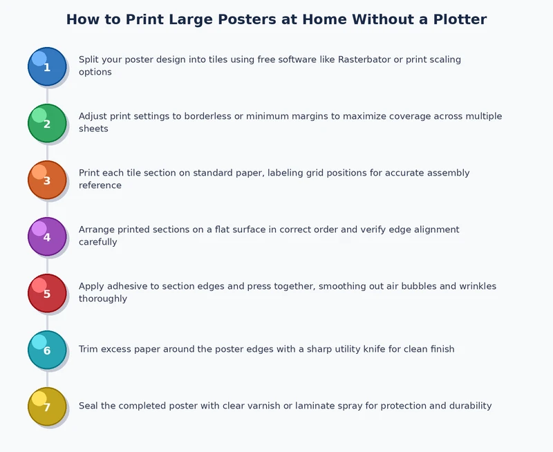 Step-by-step process diagram for printing and assembling a tiled poster at home