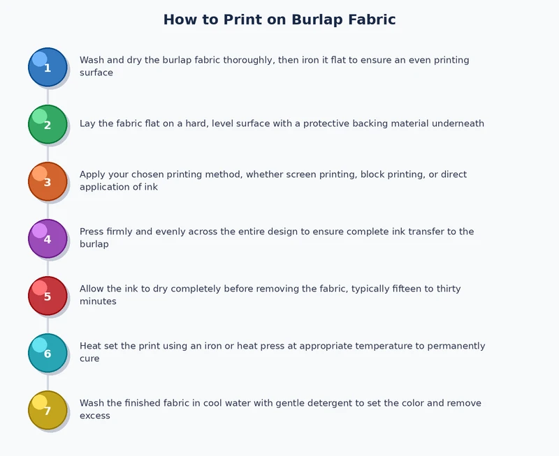 Step-by-step burlap printing process diagram showing freezer paper application through final sealing