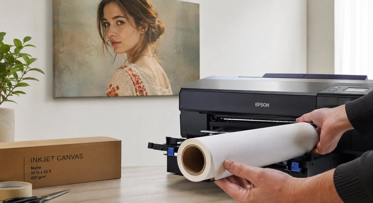 Inkjet printer loaded with canvas sheet showing how to print on canvas at home