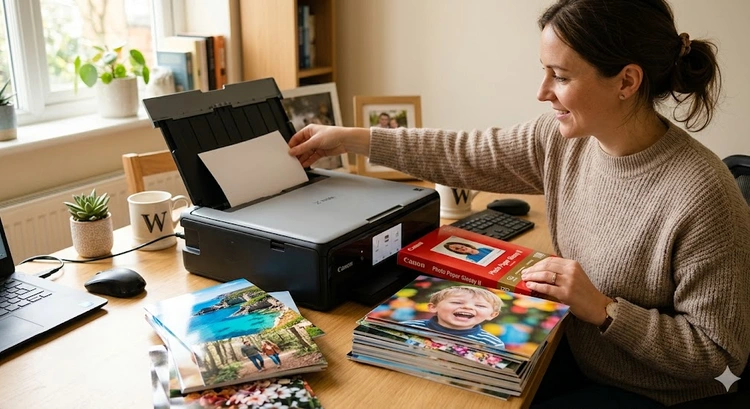 Inkjet printer loaded with canvas sheet showing how to print on canvas inkjet printer at home