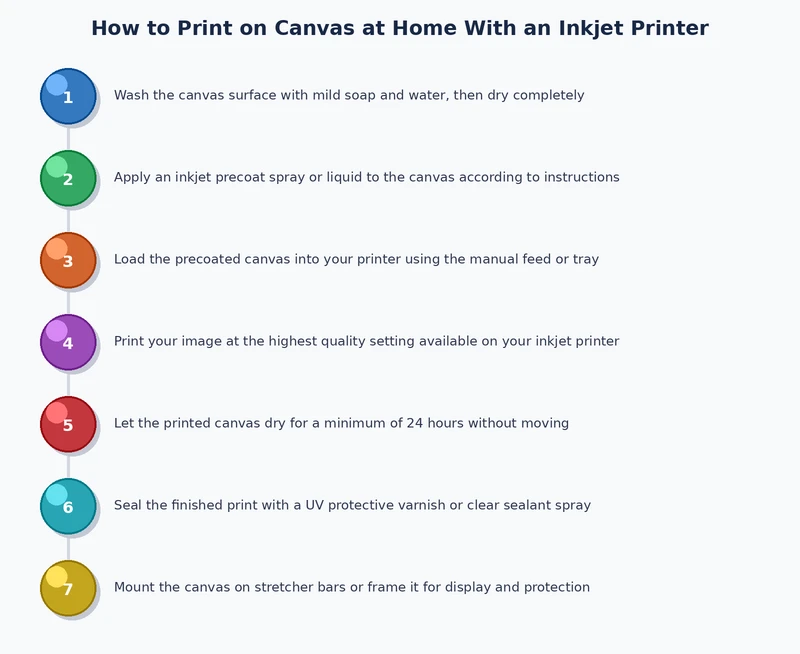 Step-by-step process diagram for printing on canvas at home with an inkjet printer