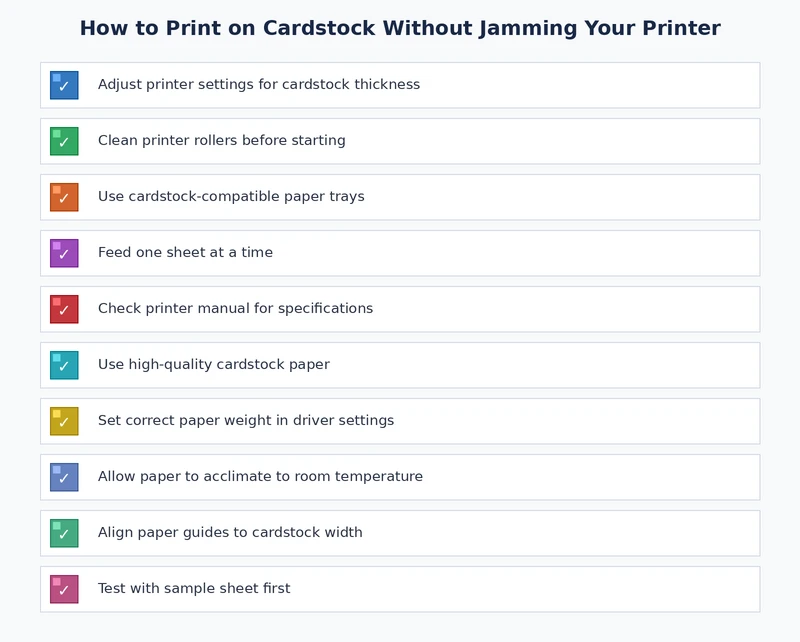 Pre-print checklist for cardstock printing covering driver settings, tray selection, and feed preparation