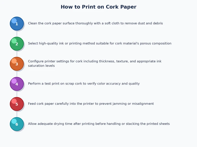 Step-by-step process diagram showing cork paper printing workflow from design to sealed finish